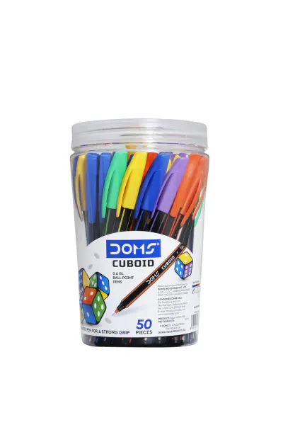 DOMS CUBOID 0.6 GL BALL PEN 50PCS JAR PACK - BLACK , BLUE & RED INK ART NO.8651